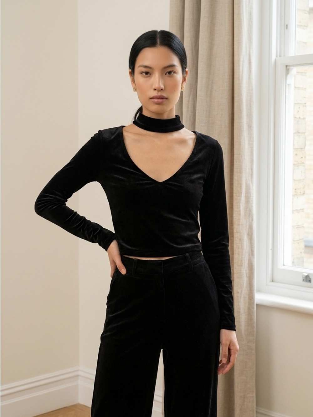 Bear Dance Black Velvet Long Sleeve V-Neck Top